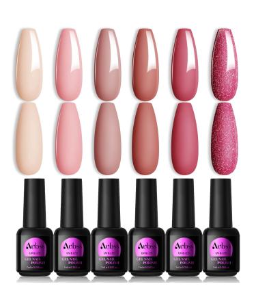 AUBSS Pink Gel Nail Polish Set 6 Colors Nude Pink UV Gel Polish Set Pastel Pink Glitter Gel Polish Soak Off Led Gift for Women DIY Home
