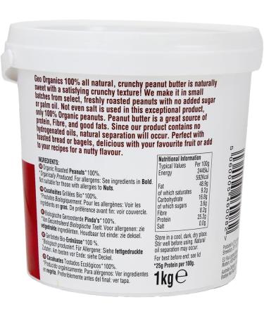 Geo Organics Crunchy Peanut Butter - Made with 100% Organic Roasted Peanuts (1kg Tub) - Natural No Palm Oil No Added Sugar No Salt Hi-Oleic Peanuts High in Protein Gluten Free Vegan Dairy Free Crunchy Peanut Butter 1 kg (Pack of 1) - Buy Online on GoSupps.com