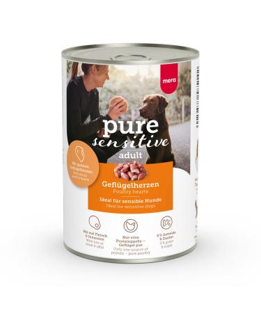 Mera pure sensitive poultry hearts (6x400g) dog food wet with high meat content and grain -free wet food made of 100% animal protein for sensitive dogs single protein poultry hearts single
