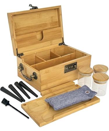 JIABOLANG Bamboo Box with Combination Lock & Accessories -3 Smell Proof Jars, 4 Tube, Rolling Tray,Brush, smell proof pouch - Accessories Family Organizer Set with Handle, Locking Stash Box