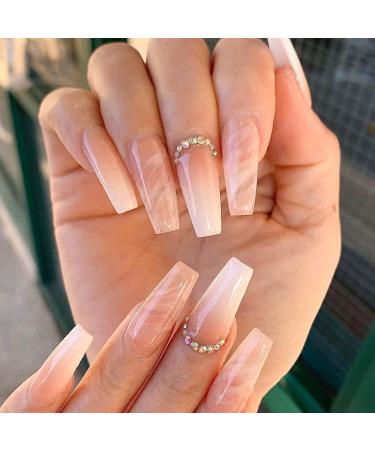 Press on Nails Long 24Pcs Coffin False Nails Rhinestones Pink Gradient Ballerina Fake Nails Glossy Full Cover Acrylic Nail Tips French Stick on Nails Manicure Set for Women Girls
