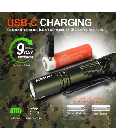 ACEBEAM Pokelit AA Rechargeable Mini Flashlight - 550 Lumens, High CRI LED, Clip, Compact EDC for Camping & Hiking - Dark Green - Buy Online on GoSupps.com