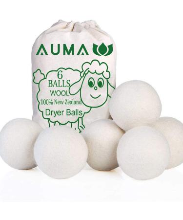 AUMA 6 Pack Wool Dryer Balls Organic XL Premium Reusable Natural Fabric Softener & 100% Organic for Laundry Dryer Sheets New Zealand Wool Better Alternative to Plastic Balls and Liquid Softener