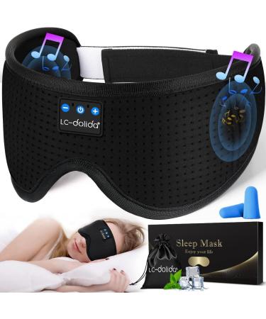 LC-dolida Bluetooth Sleep Mask for Side Sleeper 100% Blackout 10+ Hours Long Battery Life Eye Covers for Sleeping Breathable Sleep Headphones Built-in Comfortable HD Speakers Sleep Aids for Adults Dark Black