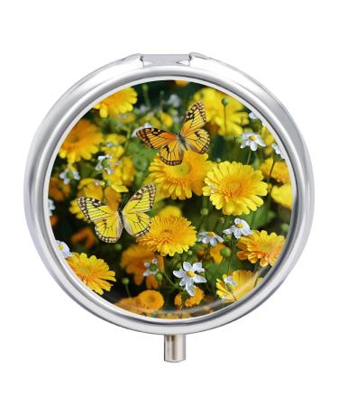 Pill Box Pill Case 3 Compartment Travel Pill Box Yellow Butterfly and Yellow Daisies Printing Small Pill Box Portable Medicine Pill Case Pill Organizer for Purse & Pocket for Travel Handbag (Round)