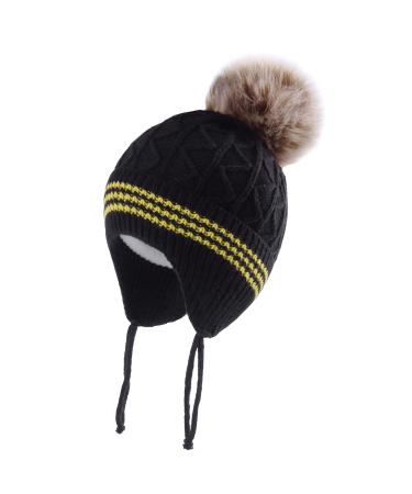 LANGZHEN Toddler Kids Infant Winter Hat Earflap Knit Warm Cap Fleece Lined Beanie for Baby Boys Girls 1-2 Years Black-Pompon