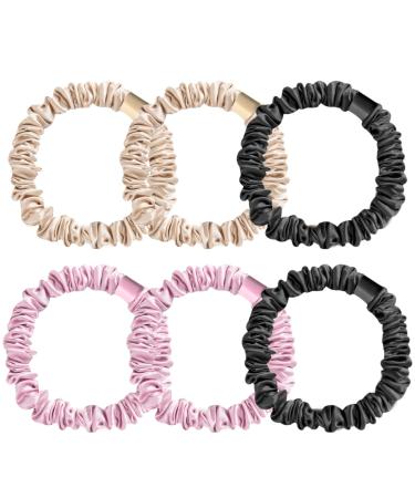 6 Pcs Silk Skinnie Scrunchies in Black  Pink and Nude Soft & Comfortable Elastic Scrunchies Set Hair Scrunchies for Frizz Prevention Elastics Ponytail Holders Women Girls Hair Accessories