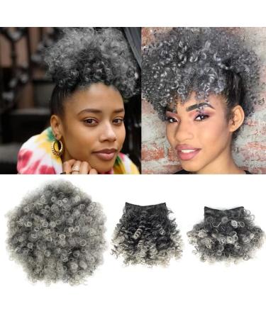 Afro Puff Drawstring Ponytail with Replaceable Bangs Gray Afro High Puff Bun with 2 Bangs Short Afro Curly Hair Bun Clip in Hairpieces Pineapple Ponytail with Bangs 1 Bun with 2 Bangs T1B/Gray Gray