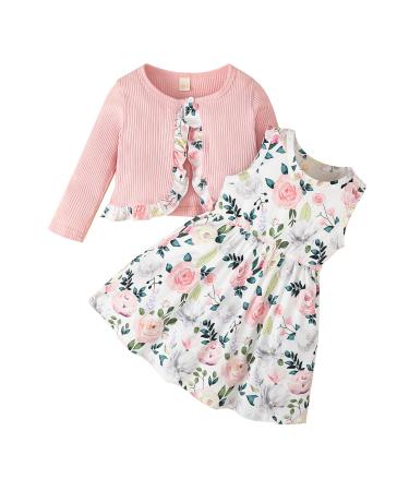 puseky Toddler Baby Girls Dress and Cardigan Set Baby Girl Floral Print Sleeveless Dress and Coat 2Pcs Outfits Set 2-3 Years Pink