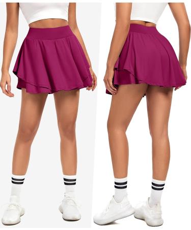 IUGA Women's Tennis Skirt with Pockets & Shorts | High Waisted Athletic Golf Skort for Running Workout - Magenta, Large - Buy Online on GoSupps.com