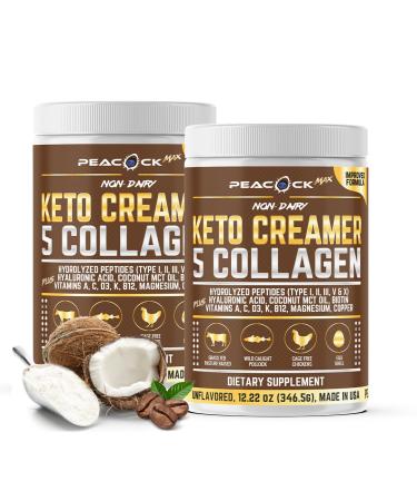 Collagen Keto Creamer Powder Coconut MCT Peptides Unflavored Hydrolyzed B12 Magnesium (24.44 Ounces (Pack of 2)) Keto Creamer 12.22 Ounce (Pack of 2)