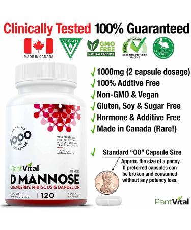 PlantVital D-Mannose 1000mg w Cranberry | UTI & Bladder Control Treatment | Kidney Cleanse Support | Natural Detox with Hibiscus & Dandelion | 2 Months Supply - 120 Count - Buy Online on GoSupps.com