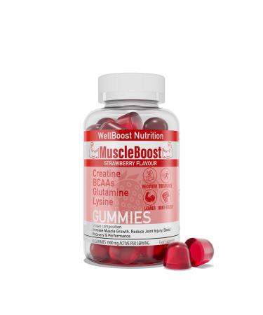 Muscle Boost - Recovery Creatine BCAA Glutamine Lysine Chewable Gummies for Men & Women - 60 Gummies - 1900mg Active per Serving - Natural Strawberry Flavour Suitable for Vegans