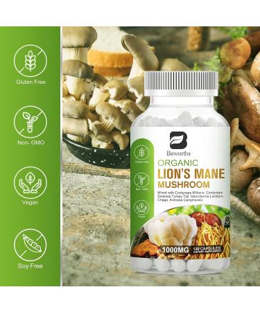B BEWORTHS Lion's Mane Mushroom Supplement - 120 Capsules | Organic Complex with Cordyceps, Chaga, Reishi for Mental Clarity, Focus, Memory, and Immune Boost - Buy Online on GoSupps.com