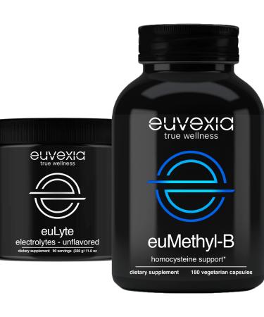 Euvexia Dr Ekberg euLyte Electrolytes Powder + euMethyl-B Complex Bundle | Sugar Free Hydration & Methylated B12 Vitamins | 90 Servings Each | Unflavored Electrolyte & Methylfolate Supplement