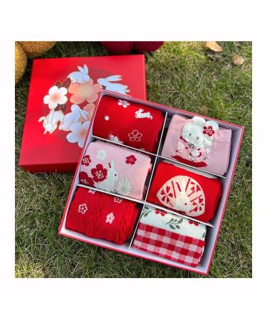 New Year's Red Lucky Socks Chinese Spring Festival Girl Zodiac Socks Rabbit Embroidered Cotton Socks with Gift Box 6 Pairs 34-40 Red