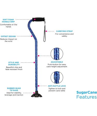 NOVA Sugarcane Walking Cane with Quad Tip Base & Carrying Strap - Blue Rain Waves Design - Buy Online on GoSupps.com