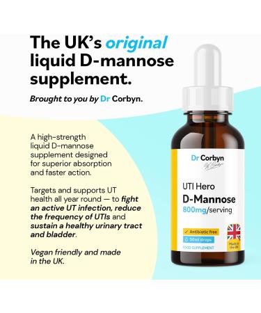 Dr Corbyn D-Mannose 800mg Drops - 50ml | UTI Hero Liquid Supplement for Urinary Tract Health | Vegan & UK Made - Buy Online on GoSupps.com