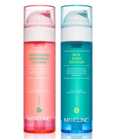 MAXCLINIC K-Beauty Rose Vitamin + Blue Tansy Oil Foam Gift Set | Daily Face Wash Oil Based Cleanser to Foam | Korean Skin Care Oil Cleanser for Dry Sensitive Skin