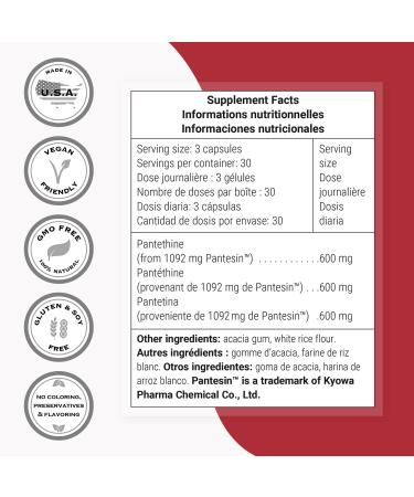 Supersmart - Pantesin Pantethine 600 mg per Day (Pantothenic Acid) - Active Vitamin B5 Supplement | Non-GMO & Gluten Free - 90 Vegetarian Capsules - Buy Online on GoSupps.com