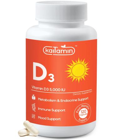 Kaitamin - Vitamin D3 5 000 IU Supplement - (120 Capsules) - for Bone Joint Teeth Muscle & Immune Health Support - Easy to Swallow