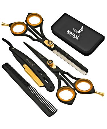 KIMEX LONDON Hairdressing Barber Hair Scissor set for Professional Hairdressers Barbers- Stainless Steel Hair Cutting Shears- Complete set of Scissor+ Thinning Scissor Razor+ Hair Combs+ Leather Cover Black - Buy Online on GoSupps.com