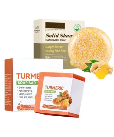 Handmade Bar Soap Set - Tumeric Soap for Cleansing - Turmeric Cleansing Soap Bar & Ginger Shampoo Soap - Natural Soap for Brighten Acne Dark Spots Hyperpigmentation Smooth Skin