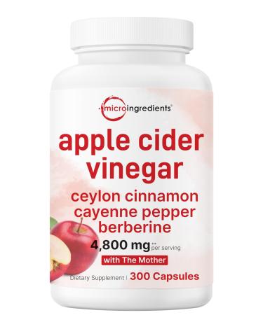 Micro Ingredients Apple Cider Vinegar Capsules | 4 800mg Per Serving 300 Counts | 4-in-1 ACV Complex with The Mother | Ceylon Cinnamon Cayenne Pepper & More | Immune Digestion & Appetite Support