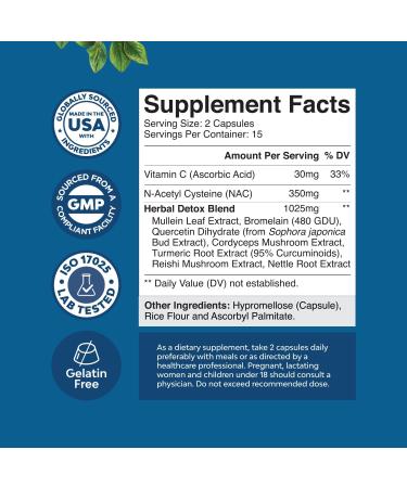 Lung Detox Mullein Leaf Capsules | Purifying Respiratory Supplement with NAC Quercetin & Cordyceps | Sinus Immunity & Breathing Support | 30 Count - Buy Online on GoSupps.com