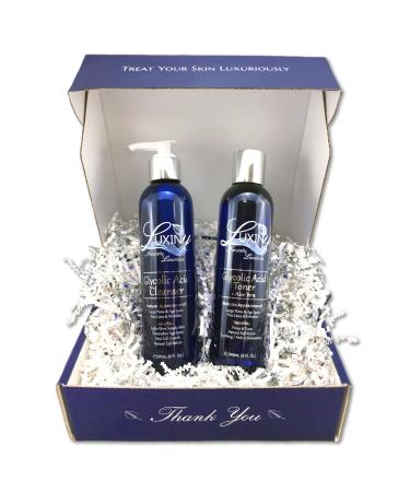 Glycolic Acid Face Wash Exfoliating Cleanser and Facial Toner Set 8oz 10% AHA BHA Pore Minimizer for Anti Aging and Acne Treatment - Skin Care Products Made in the USA