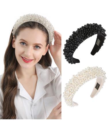 QIANXUAN Fashion Pearl Headband for Women - Elegant Black Padded Headband with Rhinestones and Beading | Wide Hairband Accessory for Girls - Buy Online on GoSupps.com