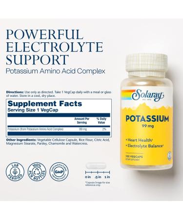 Solaray Potassium 99mg Supplement for Muscle, Nerve & Heart Health - 100 VegCaps | Electrolyte Balance Formula with 60-Day Money Back Guarantee - Buy Online on GoSupps.com