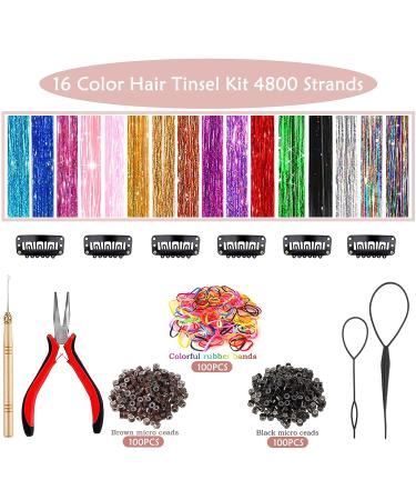 48 Hair Tinsel Kit - 16 Colors, 4800 Strands - Glitter Hair Extensions for Women, Girls, Kids - Heat Resistant Fairy Tinsel Accessories - Buy Online on GoSupps.com