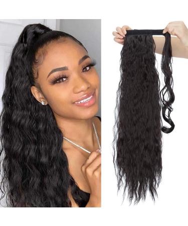26 Inch One Piece Curly Wrap Around Ponytail Hair Extension Synthetic Magic Yaki Ponytail Corn Wave Ponytail - Natural Black 26 Inch Natural Black