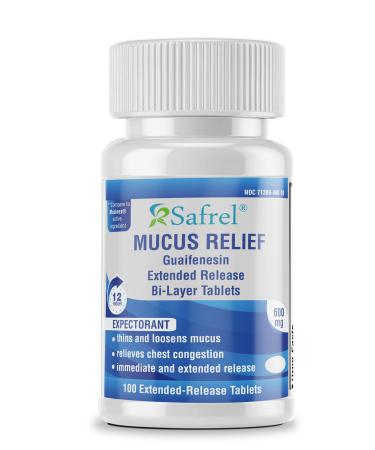 Safrel Mucus Relief, 600mg Guaifenesin 12 Hour Extended Release, Chest Congestion Expectorant, Thins and Loosens Mucus, Relieves Chest Congestion, Cough, Cold and Flu (100 Count Bottle)