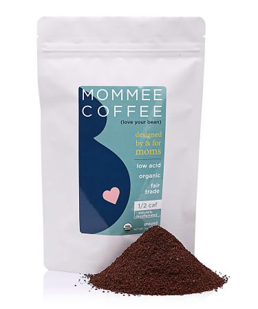 Mommee Coffee Half Caf Ground Low Acid Coffee - 100% Arabica Organic Coffee Beans with Smooth Caramel Flavor - Medium Grind for Drip, Reusable One Cup Filters - 11 oz Half Caff, Low Acid 11 Ounce (Pack of 1)