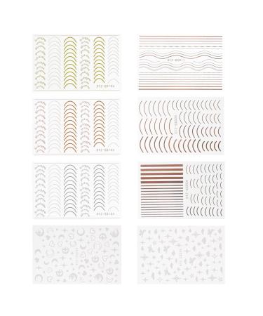 Be In Your Mind 8 Sheets Nail Art Stickers Decals Self-Adhesive Metallic Line Curve Stripe Moon Star Clould Love Heart Patterns DIY Nail Decoration Supplies for Home Use and Nail Salon