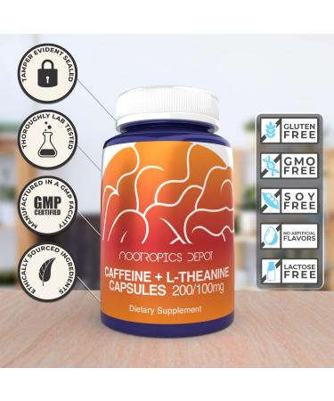 Nootropics Depot Caffeine & L-Theanine Capsules - 200mg Caffeine 100mg L-Theanine | Energy Booster & Mental Focus | 60 Count Natural Supplement - Buy Online on GoSupps.com