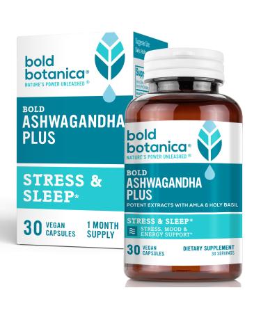 Bold Botanica Ashwagandha Plus Stress Mood Memory & Energy Support Potent Extracts of Root and Leaf with Amla & Holy Basil Triple Adaptogenic Formula One Capsule Daily 30 Vegan Caps