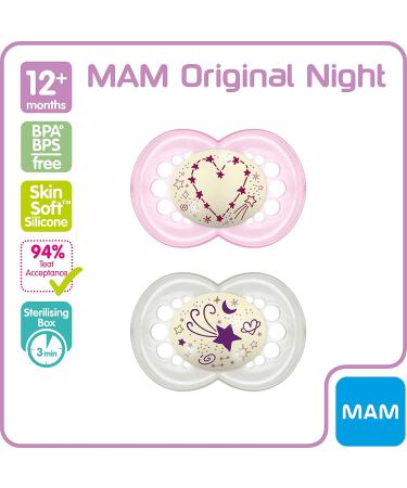 Mam Night Soother 12+ Months - Glow in the Dark Baby Soother Pack (2) with Self Sterilizing Travel Case - Newborn Essentials in Pink & Blue - Buy Online on GoSupps.com