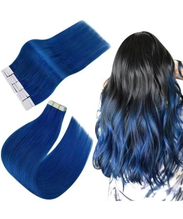 Easyouth Blue Tape in Hair Extensions Colored Hair Tape in Extensions Human Hair Blue Glue in Hair Extensions Seamless Skin Weft 18 Inch 25g 10Pcs 18 Inch #Blue