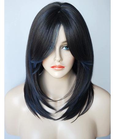 Medium Length Layered Highlighted Synthetic Wig with Bangs for White Women - Black Blue Mix - Buy Online on GoSupps.com