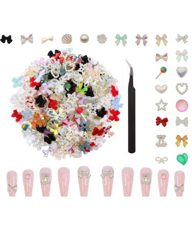 VEGCOO 500 Pcs 3D Nail Charms Multi Shapes Butterfly Bowknot Flower Nail Art Charms Nail Pearls Nail Art Accessories for Women Girls DIY Nail Art Decoration Craft Jewelry