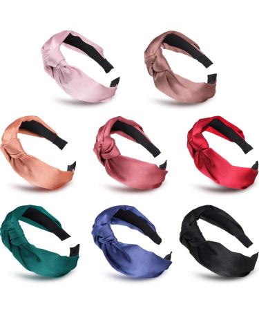 WILLBOND Silk Headbands Satin Knot Headband for Women Girls  8 Pcs Topknot Headband Solid Color Cross Wide Hairbands Elastic Hair Accessories