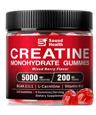 Creatine Gummies 6000mg Mixed Berry Flavor Organic Creatine Monohydrate Gummies for Women & Men Sugar Free Nutritional Supplements with L-Carnitine, BCAA 2:1, B12, 120 Count