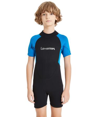 Lemorecn Kids 3mm and 2mm Wetsuits Youth Premium Neoprene Youth's Shorty Swim Suits 3mm Shorty Black+Light blue 10
