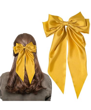 Bow Hair Clip Hair Bows for Women Big Bowknot Hairpin French Hair Clips with Long Ribbon Solid Color Hair Barrette Clips Soft Satin Silky Hair Bows for Women Girls(Yellow)
