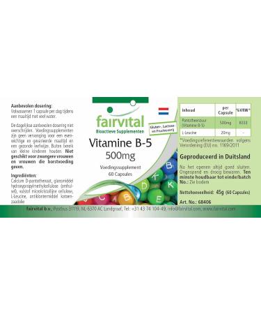 Fairvital Vitamin B5 500mg Vegan High Dosage 60 Capsules - Pantothenic Acid - Buy Online on GoSupps.com