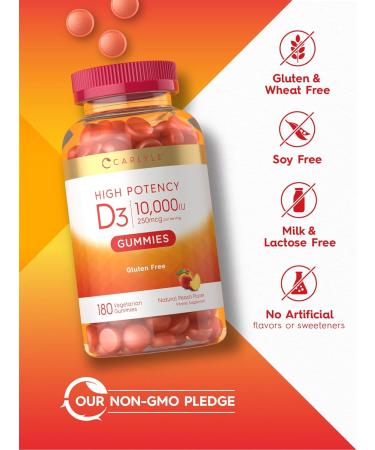 Carlyle Vitamin D3 Gummies 10000 IU 180 Count - Vegetarian Non-GMO | Gluten Free Peach Flavored Supplement - Buy Online on GoSupps.com