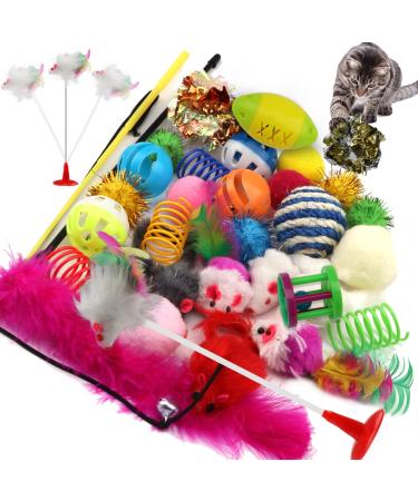 Cat Toys Kitten Toys Assortments, 32 Packs Cat Toys Variety Pack for Kitty, Cat Balls with Bells,Cat Feather Toy, Cat Mouse Toy, Cat Crinkle Balls, Catnip Toys for Indoor Cats Kittens
